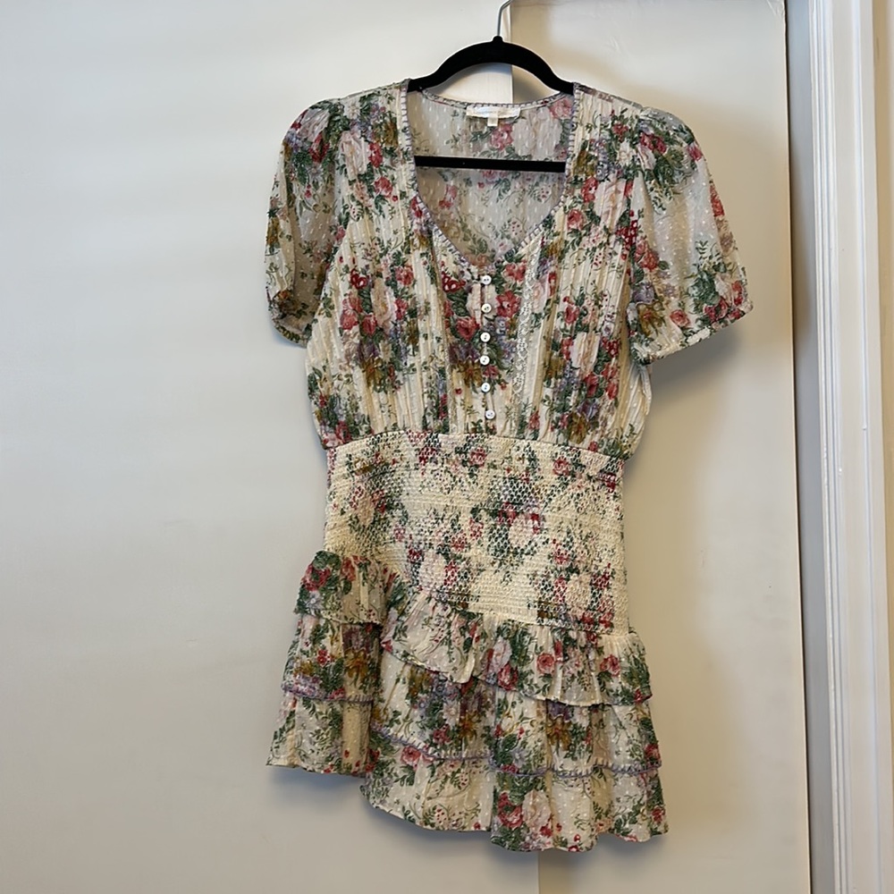 LoveShackFancy Keelin Asymmetric Swiss-Dot Cotton & Lace Minidress Size S